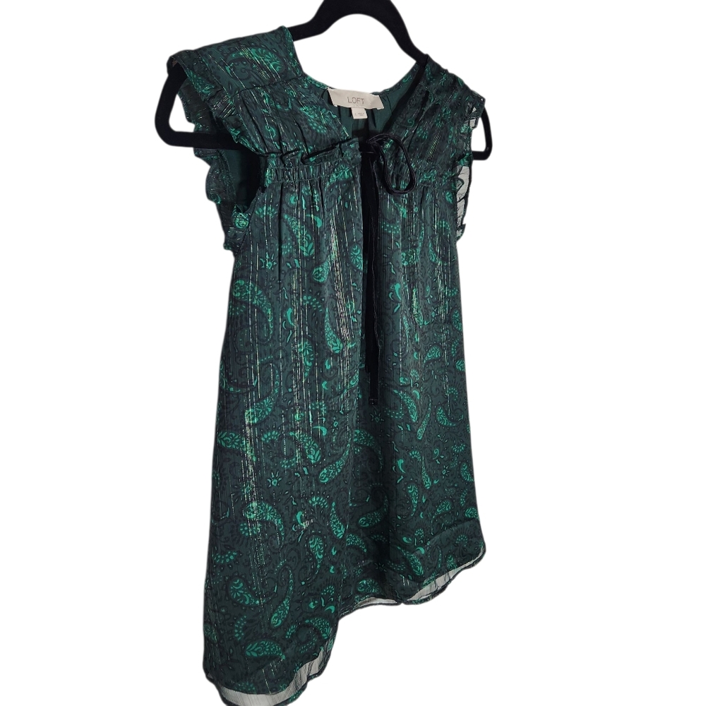 Loft Sheer Green Black Shimmer Velvet Tie Neck Ruffle Sleeveless‎ Blouse Top L - Picture 10 of 15